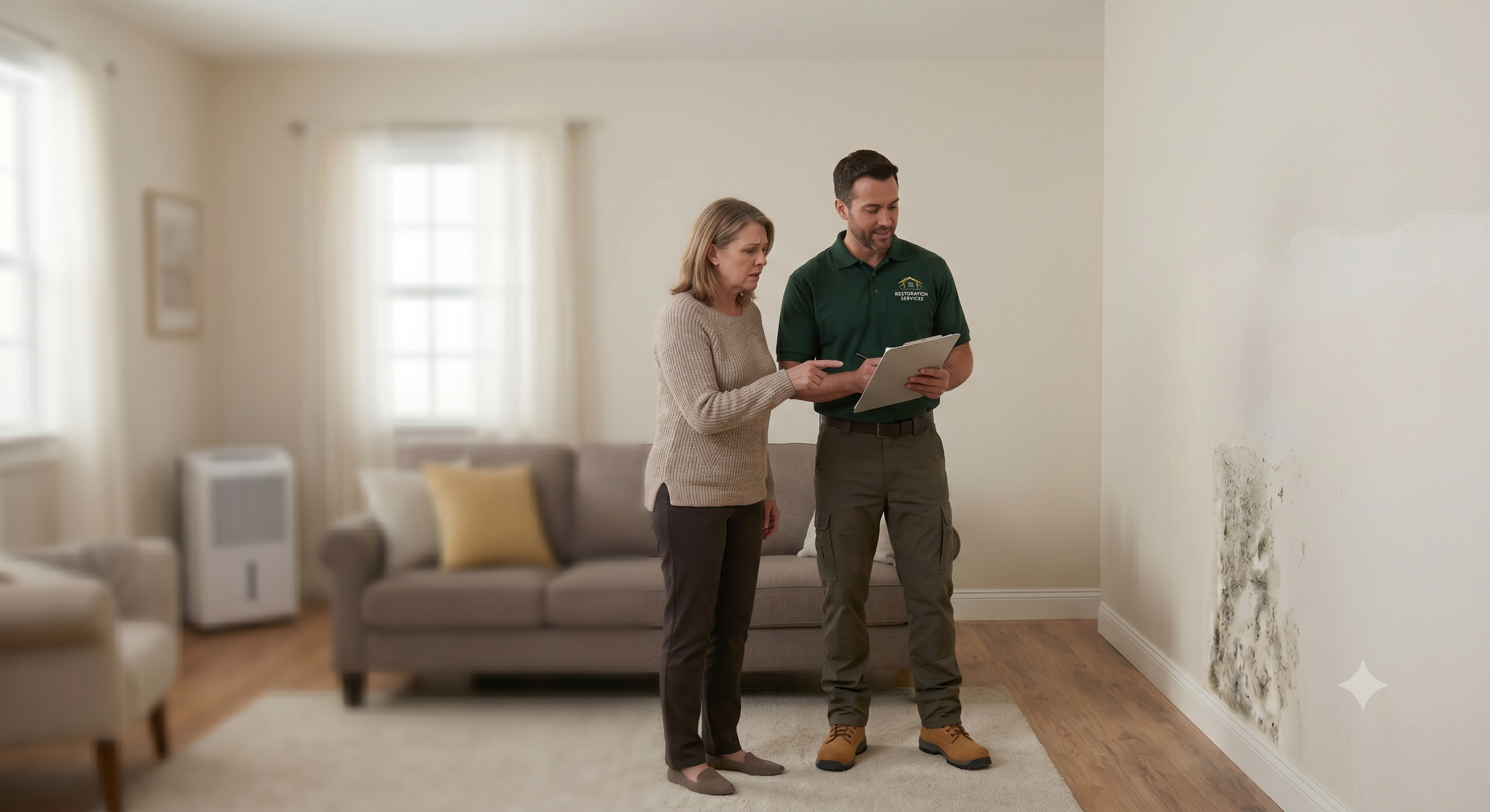 Licensed mold remediation contractor reviewing damage assessment with homeowner